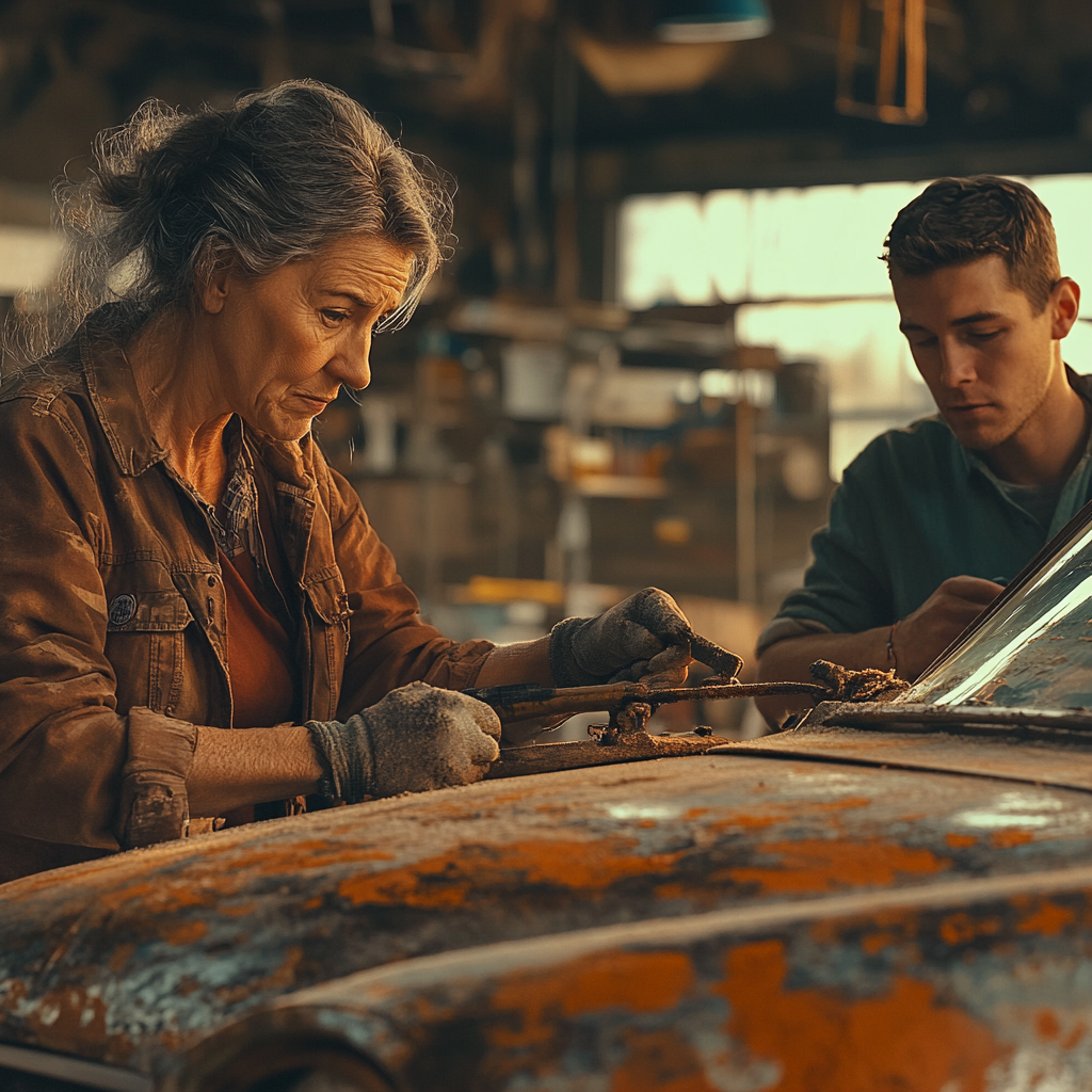 Une femme et un homme travaillant ensemble pour réparer la rouille sur la carrosserie de leur voiture,