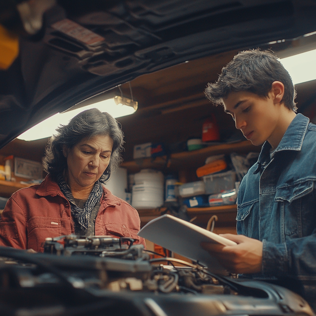 Une femme et son enfant à l'intérieur de la voiture, examinant le système de climatisation, illustrant les étapes pour entretenir et optimiser le confort de la climatisation