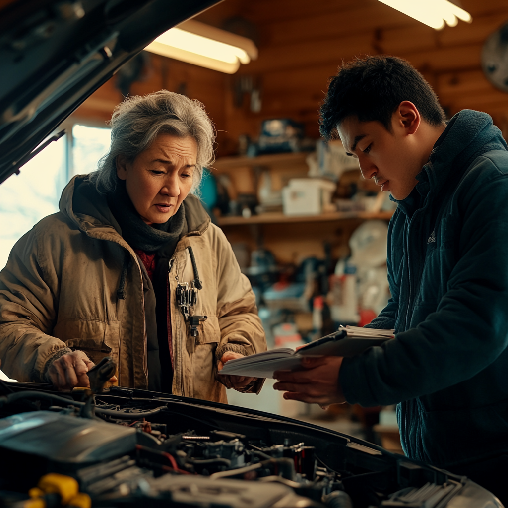 Astuces pour économiser du carburant : Une femme et son enfant effectuant un entretien