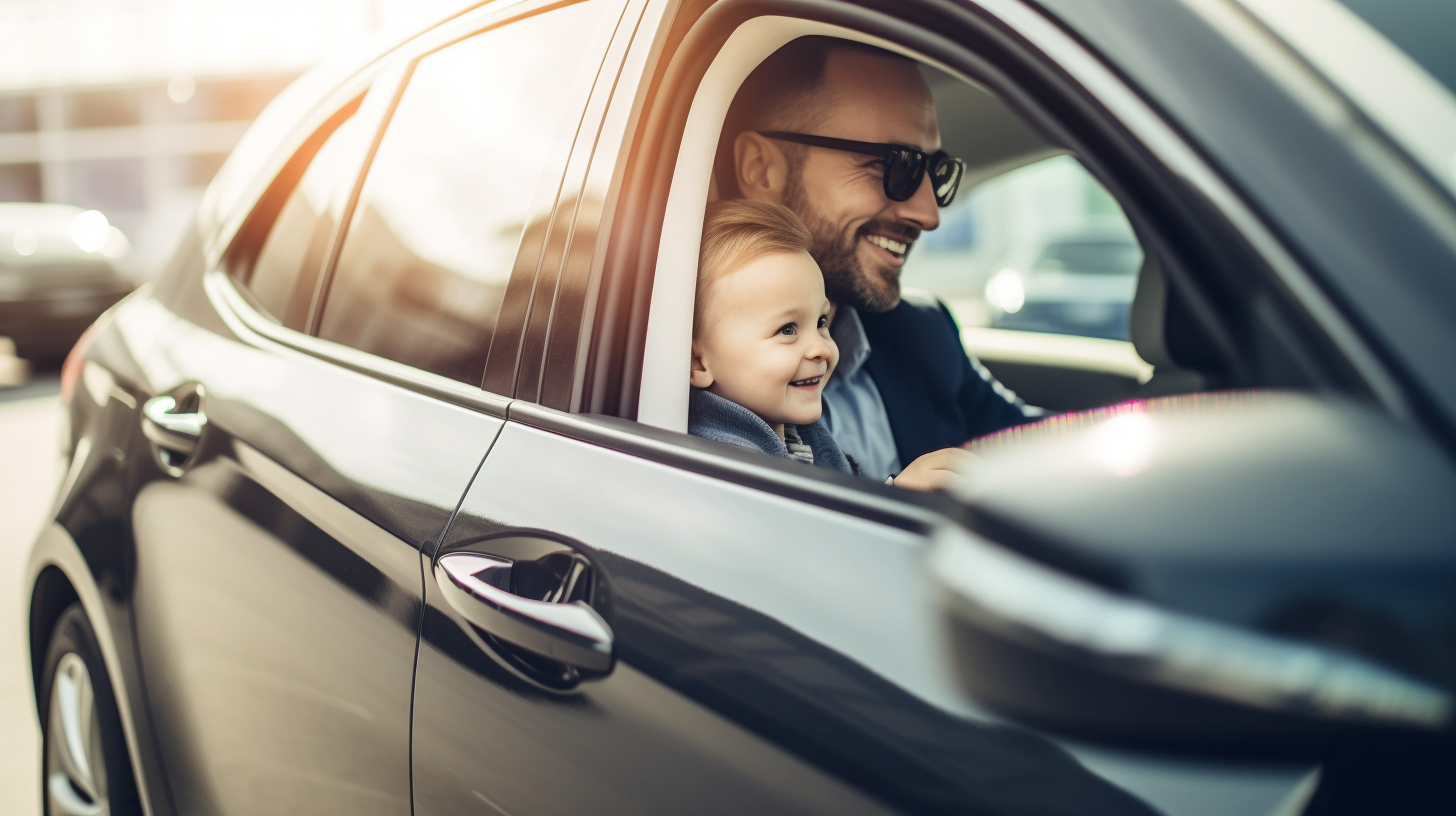 Un homme testant sa voiture avec son enfant, vivant ensemble l'expérience de conduire une voiture pour la première fois
