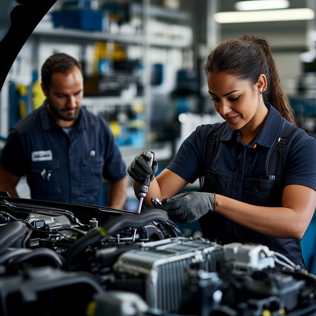 Une femme travaillant sous le capot d'une voiture, diagnostiquant et réparant un problème