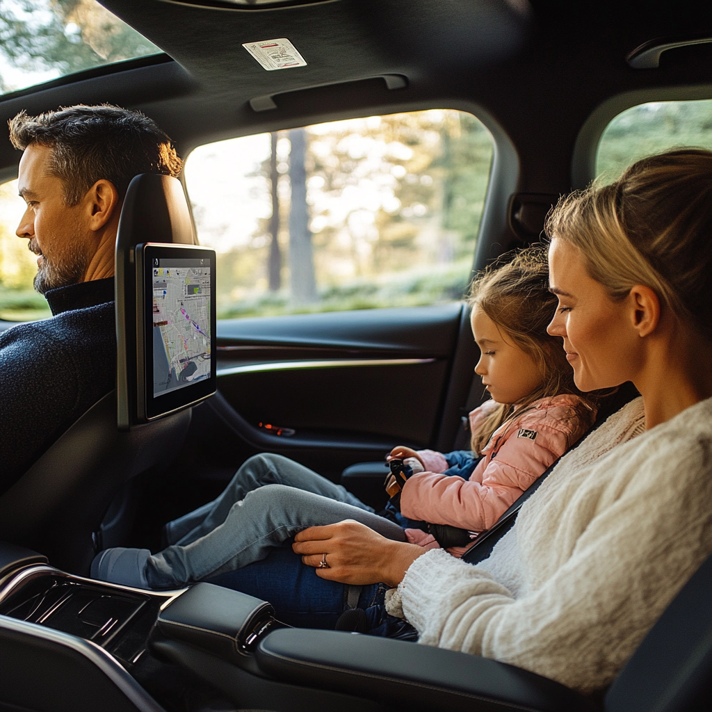 Un enfant assis à l'arrière de la voiture, interagissant avec un écran de contrôle avancé