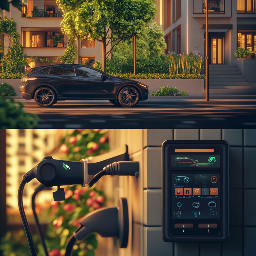 Scène détaillée et réaliste montrant un véhicule électrique garé, avec un câble de charge connecté