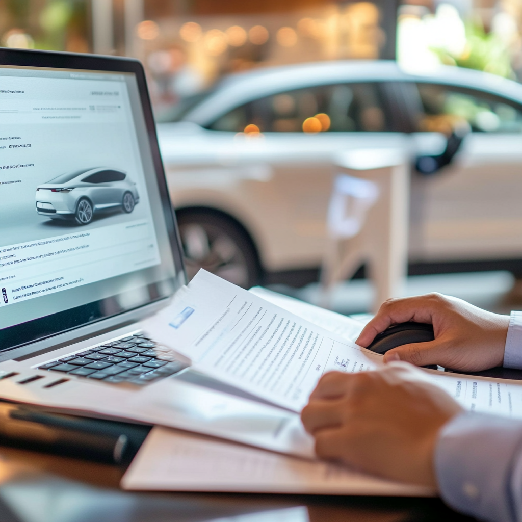 Scène réaliste et informative montrant une personne en train de lire des documents relatifs aux aides financières et incitations fiscales pour l'achat d'une voiture électrique