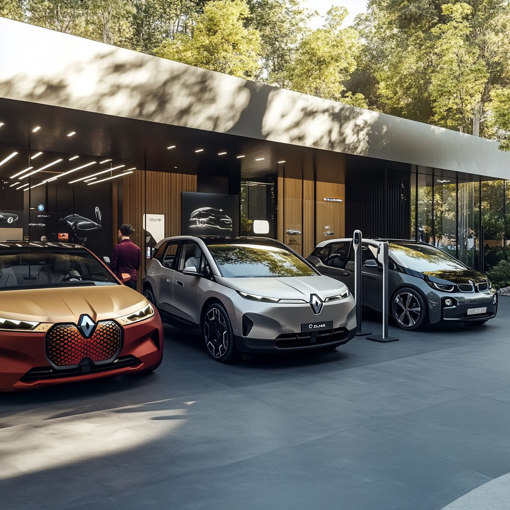 Scène réaliste comparant trois voitures électriques de différentes marques (Tesla, Renault, BMW) exposées dans une salle de showroom