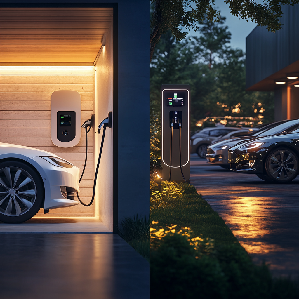Scène réaliste comparant deux voitures électriques, l'une avec un design compact et l'autre avec un design plus spacieux,