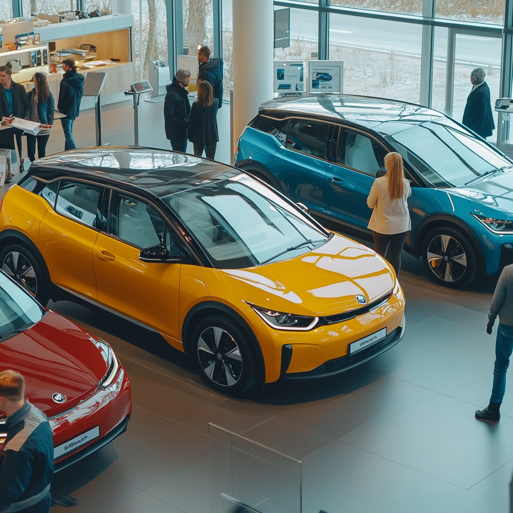 Scène réaliste dans un concessionnaire automobile montrant plusieurs voitures électriques abordables exposées, avec des étiquettes de prix visibles. Des clients discutent avec un vendeur, en évaluant les caractéristiques et les options de ces véhicules électriques économiques