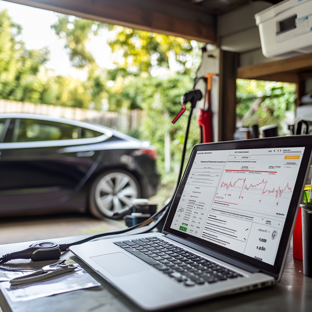 Une scène réaliste montrant une personne en train de calculer les coûts d'entretien et de recharge d'une voiture électrique